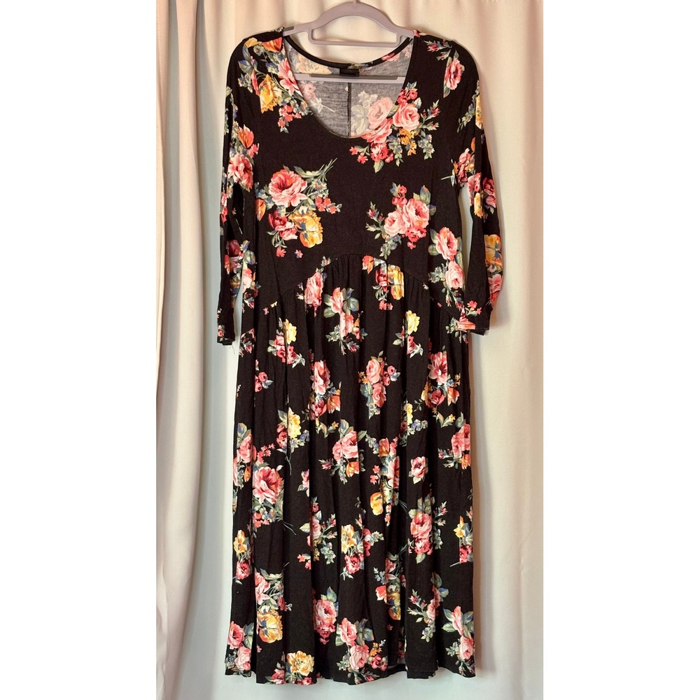 Agnes & Dora Womens Black Floral Empire Waist Midi Dress Pink Roses Size M